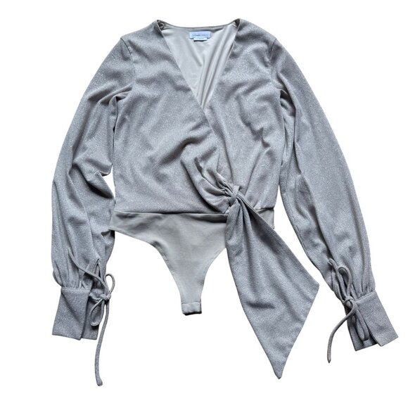 Lovers + Friends Size S Nude Beige Cedar Metallic Long Sleeve Wrap Tie Bodysuit - Picture 2 of 16